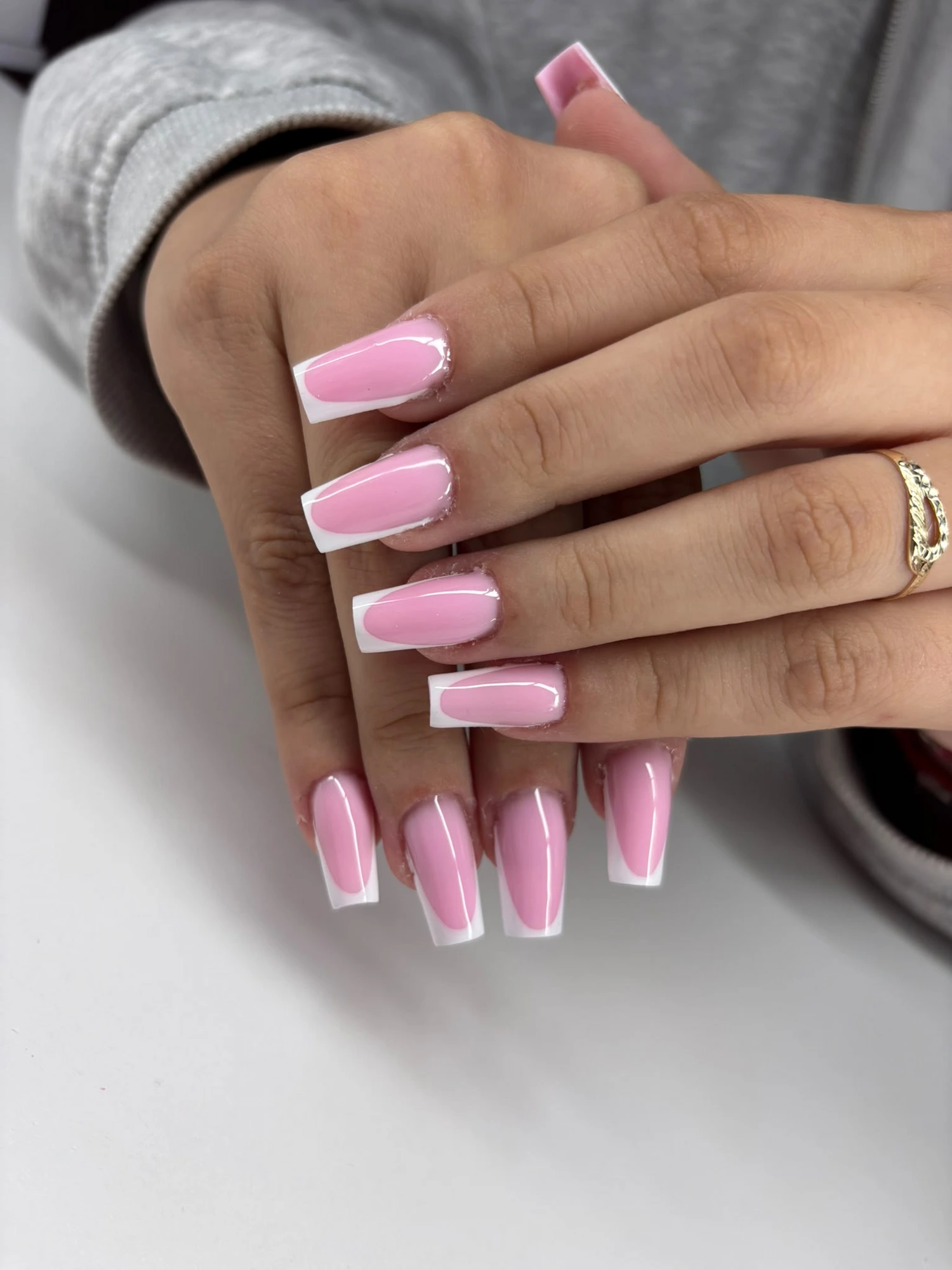 White French nails with crystal details by Teo's Nails